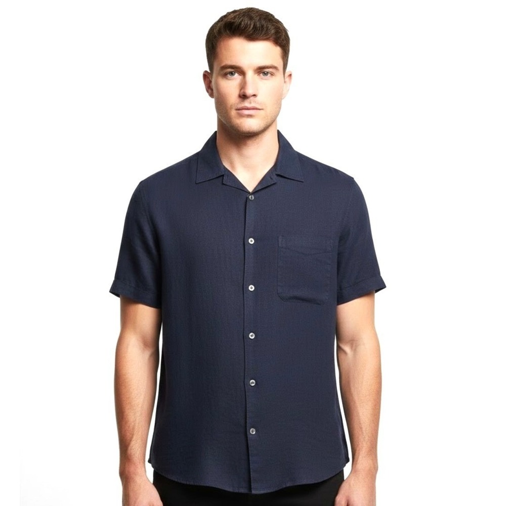 Banana Republic Shirt Mens XL Navy Blue 100% Linen Short Sleeve‎ Button Down